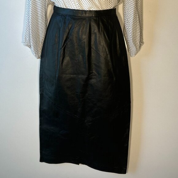 Pia Rucci Vintage SZ 10 Black 100% Leather Pencil Skirt Old Money Minimalist - Picture 1 of 9